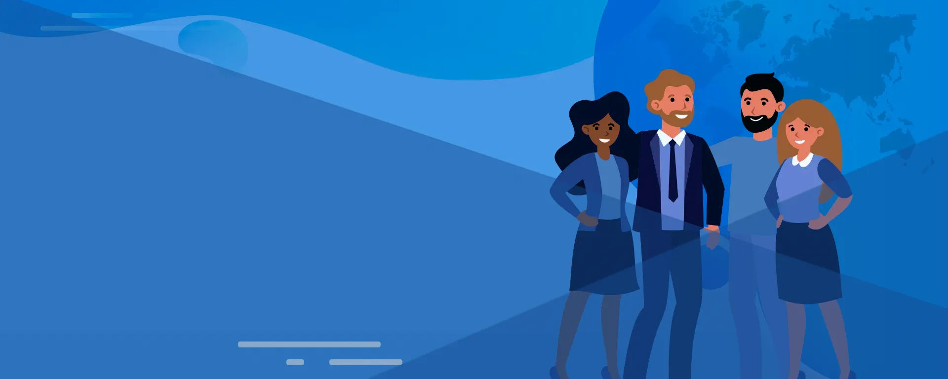 Four diverse cartoon characters in business attire, standing together on a blue background.