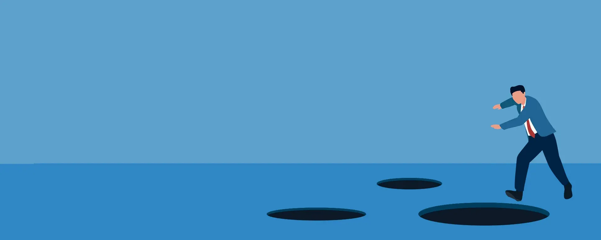 Businessman cautiously stepping near dark holes on a blue surface.