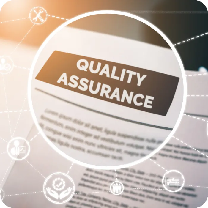 Quality assurance graphic with connected icons and overlay text.