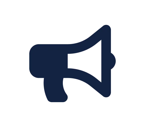 Megaphone icon, dark blue silhouette.