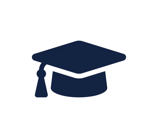 Graduation cap icon in dark blue.