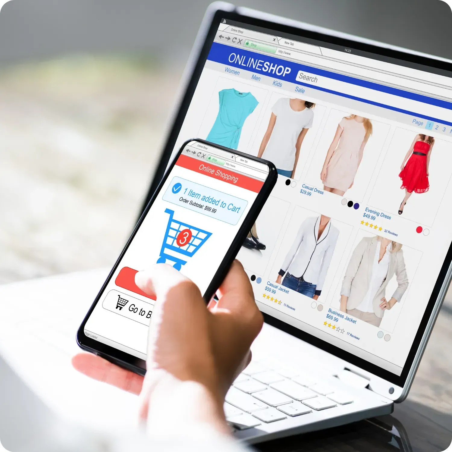 Online shopping on laptop and phone with clothing items displayed.