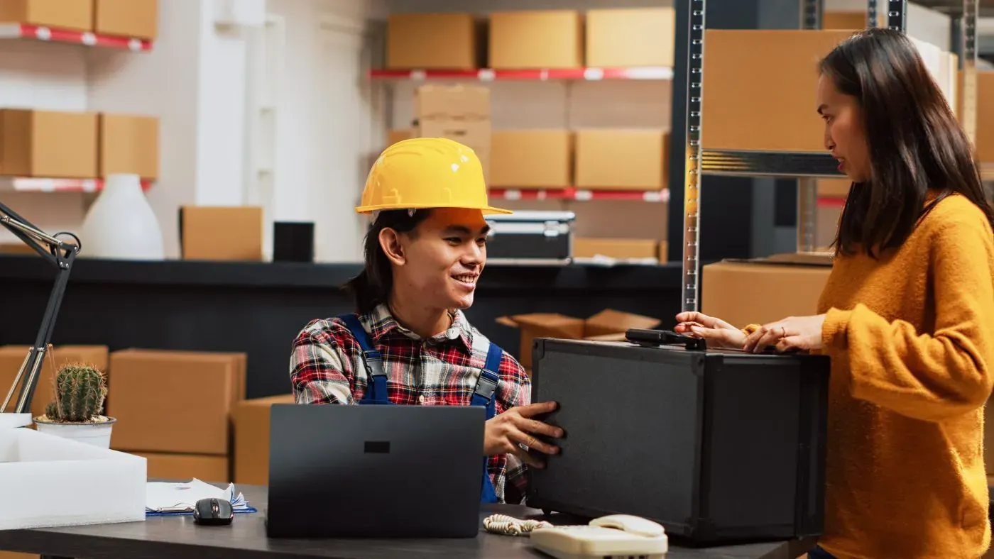 Worker checking stock on warehouse shelves against an inventory list on a laptop