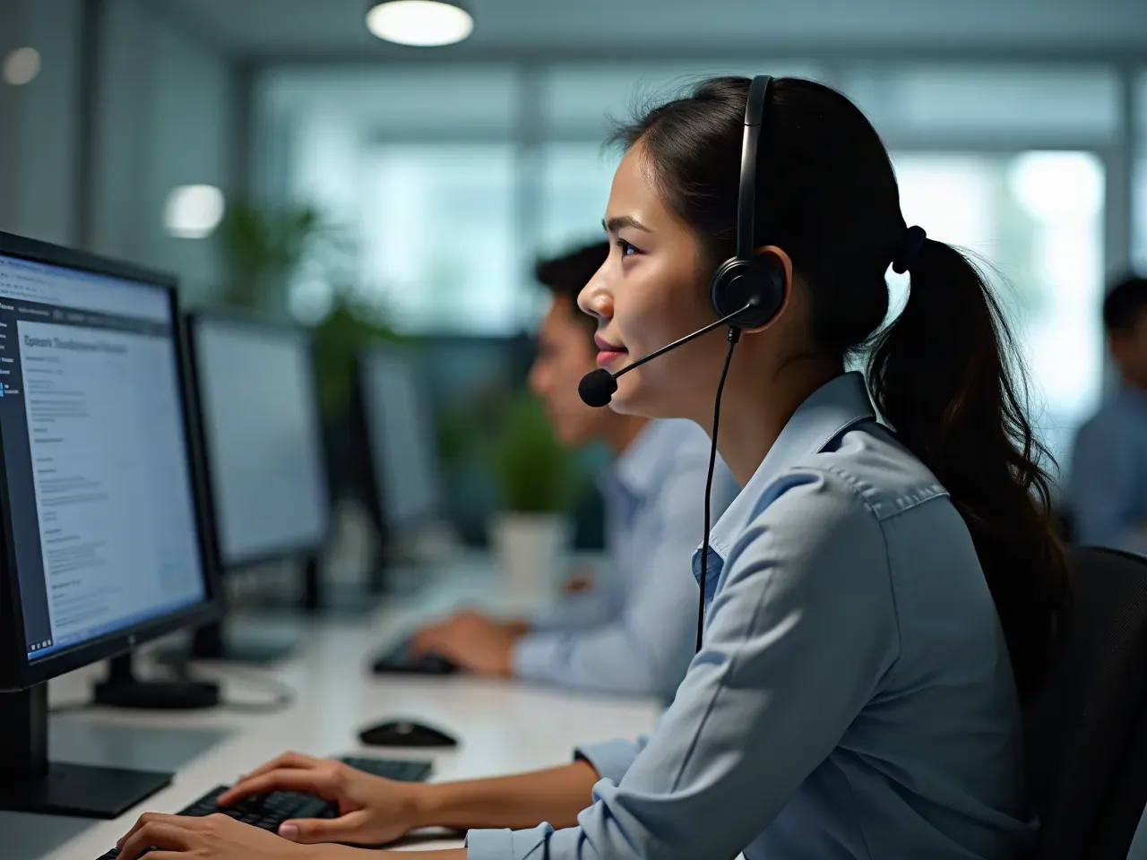 A Staff Outsourcing Solutions cold caller on a headset working a call list at a company workstation in Cebu